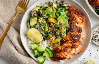 Air fryer salmon bowl with avocado orange salsa